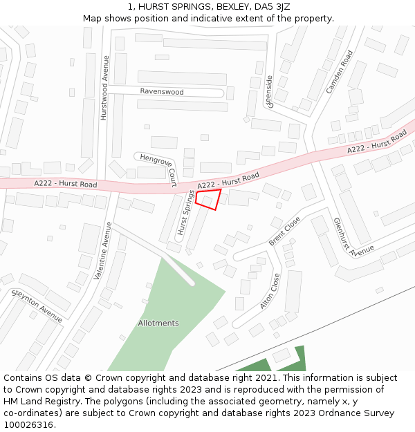 1, HURST SPRINGS, BEXLEY, DA5 3JZ: Location map and indicative extent of plot