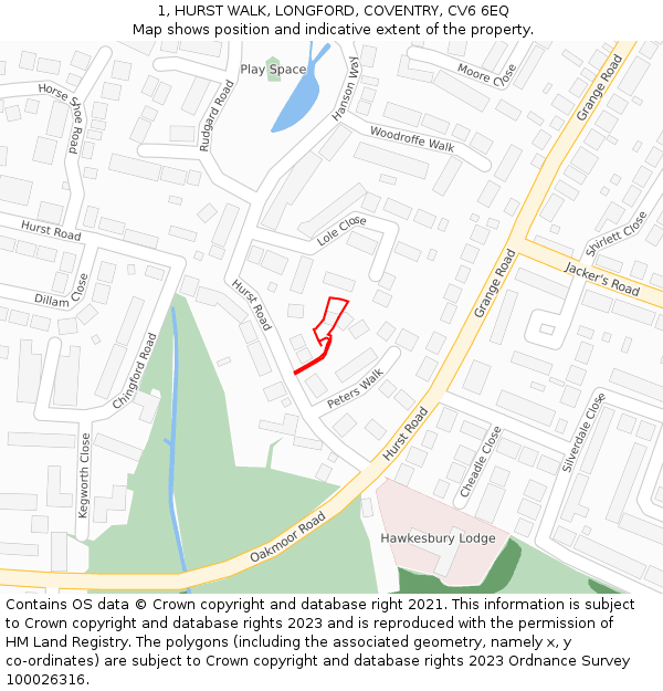 1, HURST WALK, LONGFORD, COVENTRY, CV6 6EQ: Location map and indicative extent of plot