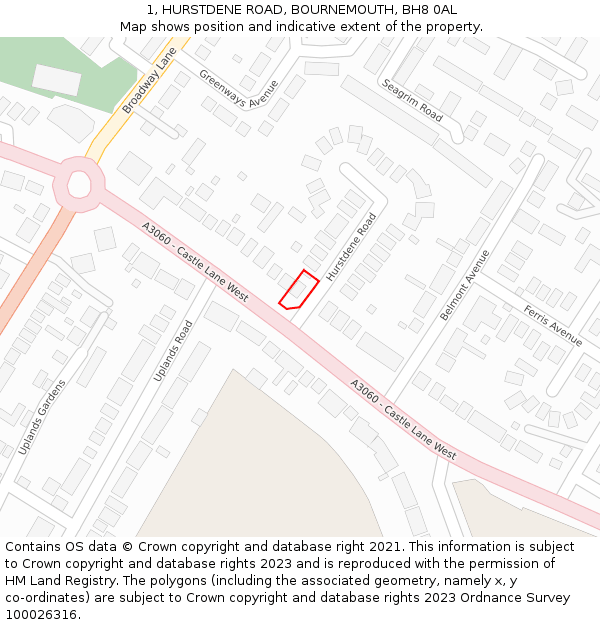 1, HURSTDENE ROAD, BOURNEMOUTH, BH8 0AL: Location map and indicative extent of plot