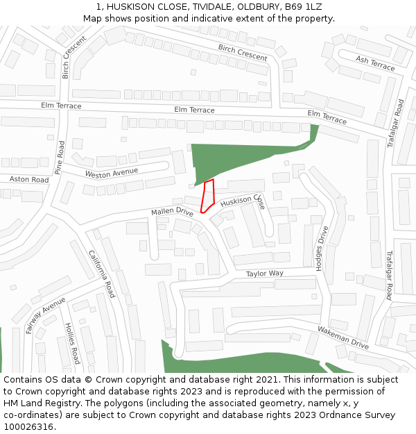 1, HUSKISON CLOSE, TIVIDALE, OLDBURY, B69 1LZ: Location map and indicative extent of plot