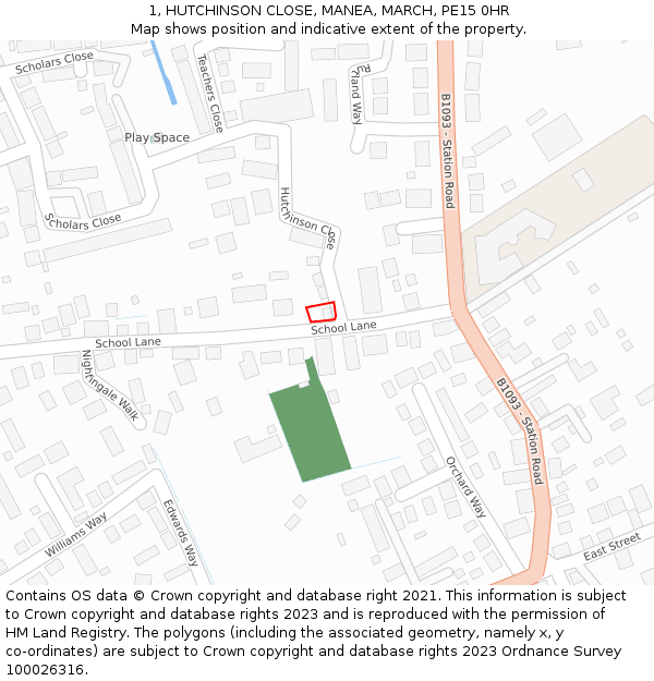 1, HUTCHINSON CLOSE, MANEA, MARCH, PE15 0HR: Location map and indicative extent of plot