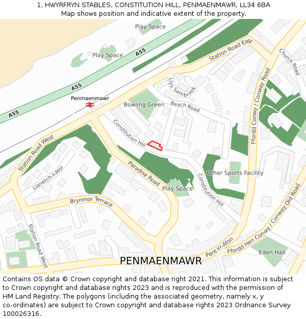 1, HWYRFRYN STABLES, CONSTITUTION HILL, PENMAENMAWR, LL34 6BA: Location map and indicative extent of plot