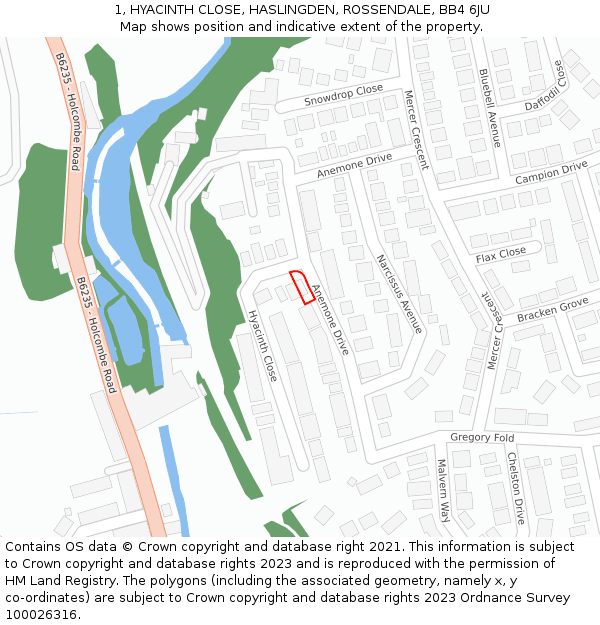 1, HYACINTH CLOSE, HASLINGDEN, ROSSENDALE, BB4 6JU: Location map and indicative extent of plot