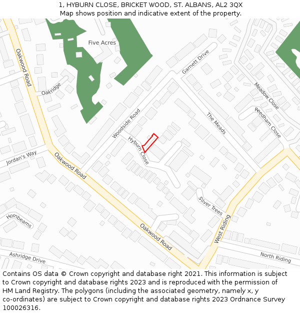 1, HYBURN CLOSE, BRICKET WOOD, ST. ALBANS, AL2 3QX: Location map and indicative extent of plot