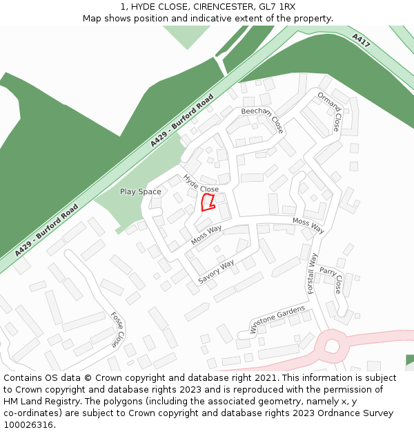 1, HYDE CLOSE, CIRENCESTER, GL7 1RX: Location map and indicative extent of plot