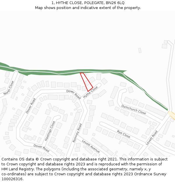 1, HYTHE CLOSE, POLEGATE, BN26 6LQ: Location map and indicative extent of plot