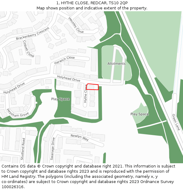 1, HYTHE CLOSE, REDCAR, TS10 2QP: Location map and indicative extent of plot