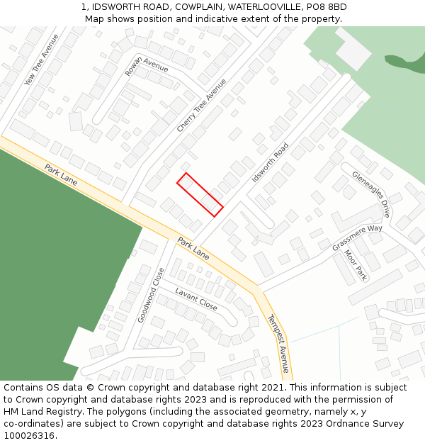 1, IDSWORTH ROAD, COWPLAIN, WATERLOOVILLE, PO8 8BD: Location map and indicative extent of plot