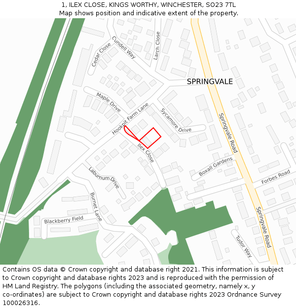 1, ILEX CLOSE, KINGS WORTHY, WINCHESTER, SO23 7TL: Location map and indicative extent of plot