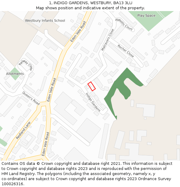 1, INDIGO GARDENS, WESTBURY, BA13 3LU: Location map and indicative extent of plot