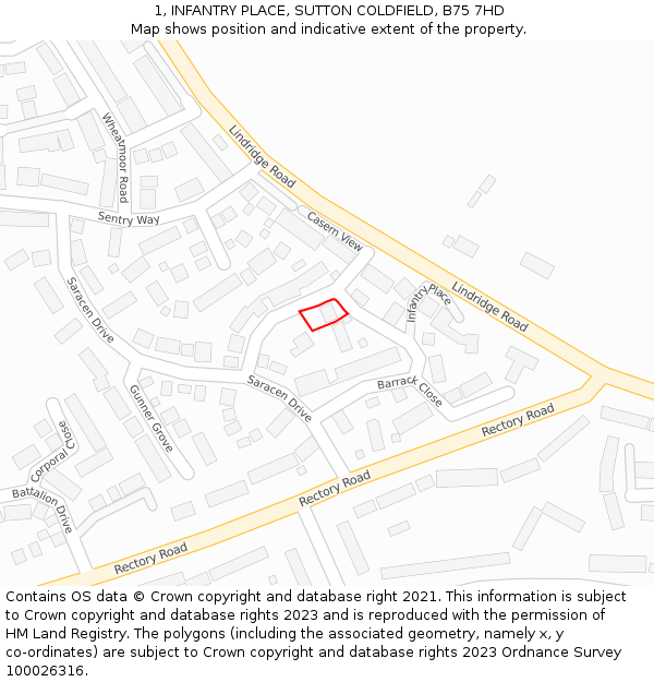1, INFANTRY PLACE, SUTTON COLDFIELD, B75 7HD: Location map and indicative extent of plot