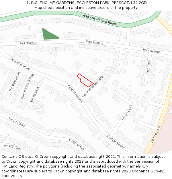 1, INGLEHOLME GARDENS, ECCLESTON PARK, PRESCOT, L34 2GD: Location map and indicative extent of plot