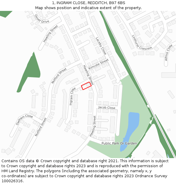 1, INGRAM CLOSE, REDDITCH, B97 6BS: Location map and indicative extent of plot