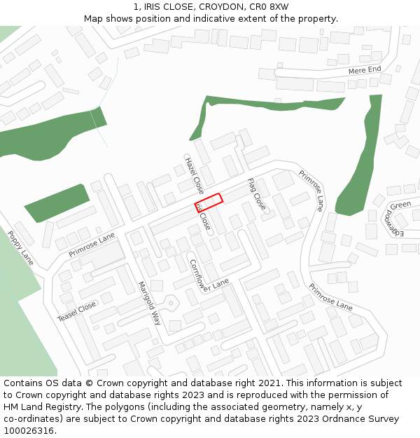 1, IRIS CLOSE, CROYDON, CR0 8XW: Location map and indicative extent of plot