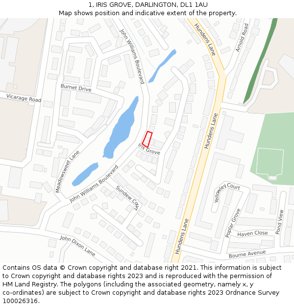 1, IRIS GROVE, DARLINGTON, DL1 1AU: Location map and indicative extent of plot