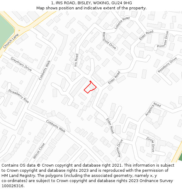 1, IRIS ROAD, BISLEY, WOKING, GU24 9HG: Location map and indicative extent of plot