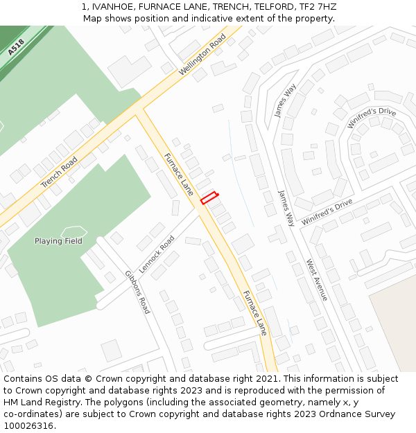1, IVANHOE, FURNACE LANE, TRENCH, TELFORD, TF2 7HZ: Location map and indicative extent of plot
