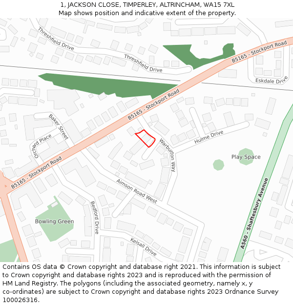 1, JACKSON CLOSE, TIMPERLEY, ALTRINCHAM, WA15 7XL: Location map and indicative extent of plot