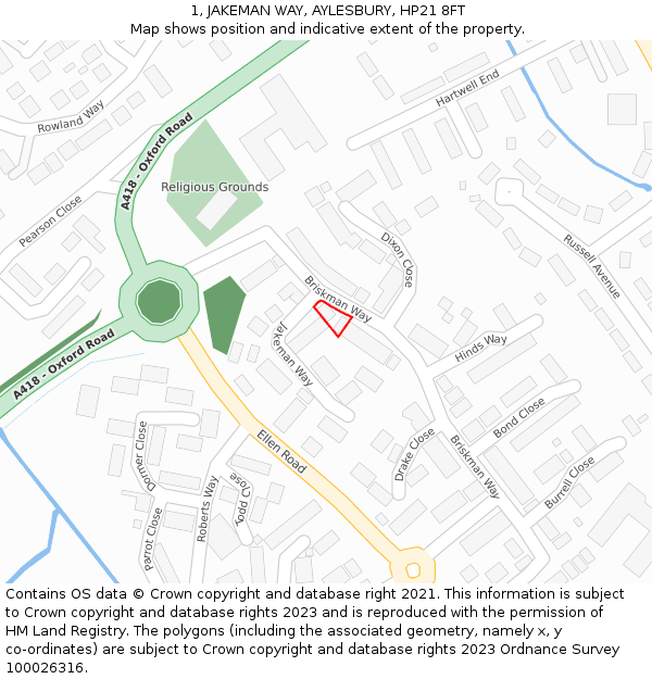 1, JAKEMAN WAY, AYLESBURY, HP21 8FT: Location map and indicative extent of plot