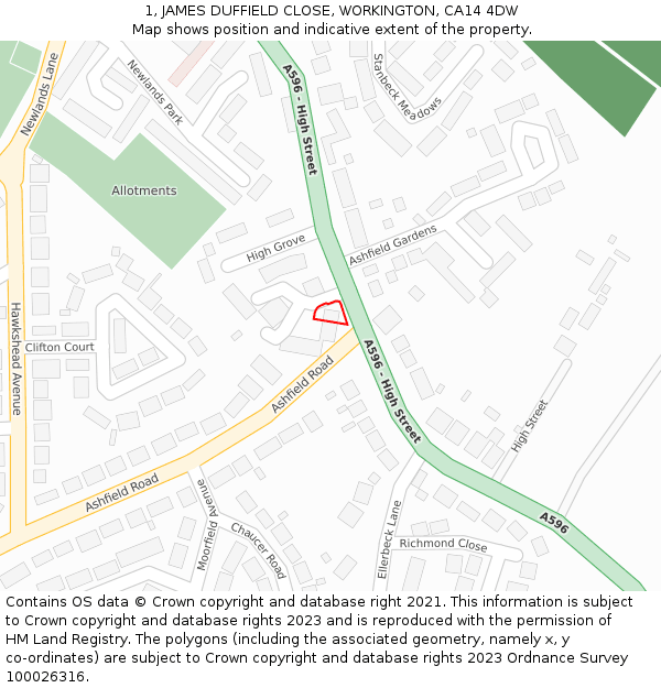 1, JAMES DUFFIELD CLOSE, WORKINGTON, CA14 4DW: Location map and indicative extent of plot