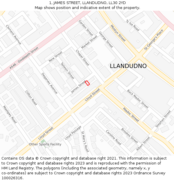 1, JAMES STREET, LLANDUDNO, LL30 2YD: Location map and indicative extent of plot