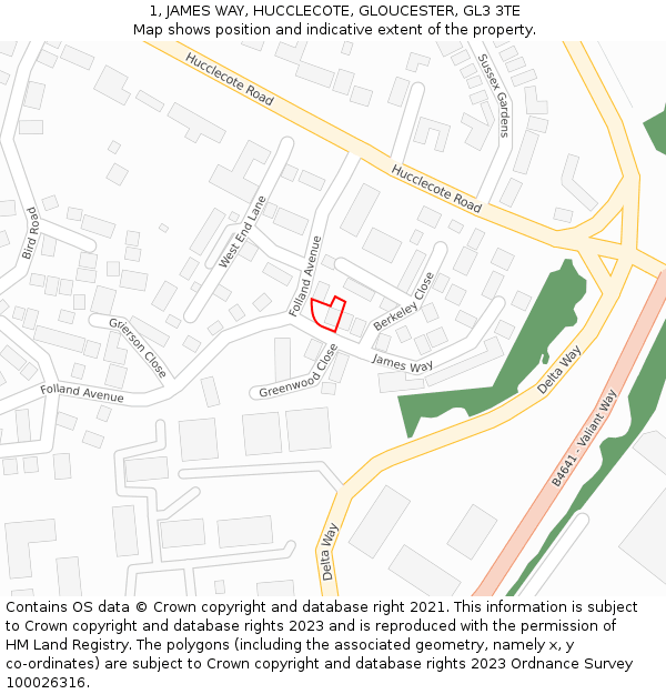 1, JAMES WAY, HUCCLECOTE, GLOUCESTER, GL3 3TE: Location map and indicative extent of plot