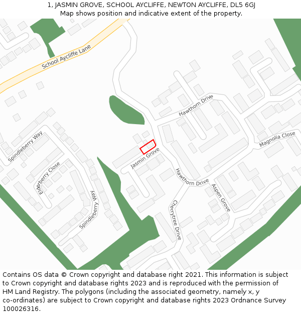 1, JASMIN GROVE, SCHOOL AYCLIFFE, NEWTON AYCLIFFE, DL5 6GJ: Location map and indicative extent of plot