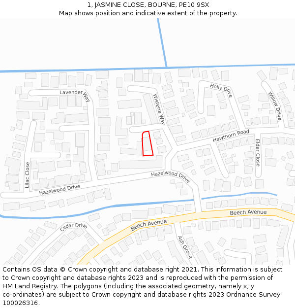 1, JASMINE CLOSE, BOURNE, PE10 9SX: Location map and indicative extent of plot