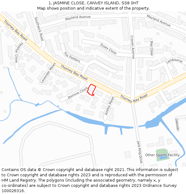 1, JASMINE CLOSE, CANVEY ISLAND, SS8 0HT: Location map and indicative extent of plot