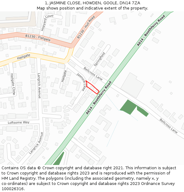 1, JASMINE CLOSE, HOWDEN, GOOLE, DN14 7ZA: Location map and indicative extent of plot