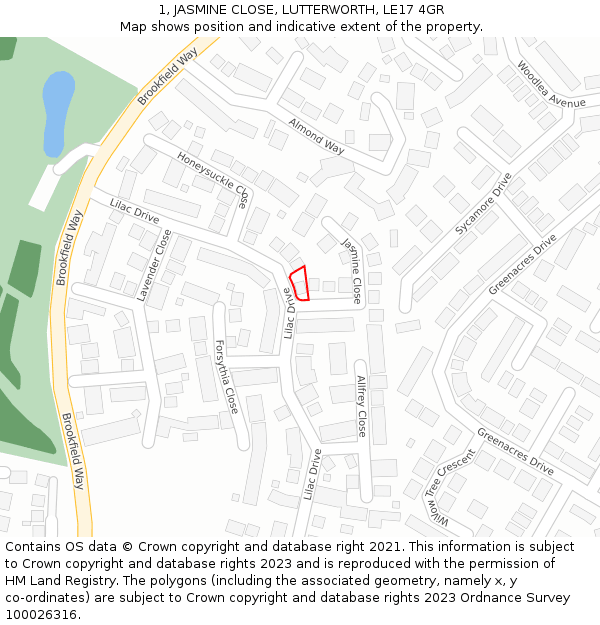 1, JASMINE CLOSE, LUTTERWORTH, LE17 4GR: Location map and indicative extent of plot