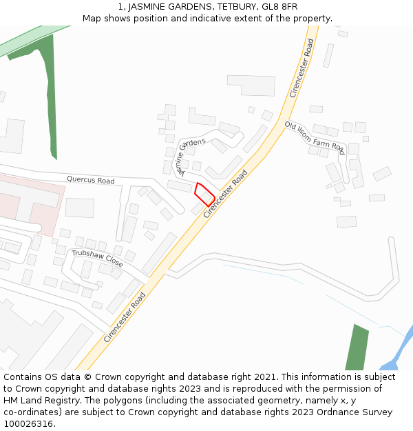 1, JASMINE GARDENS, TETBURY, GL8 8FR: Location map and indicative extent of plot