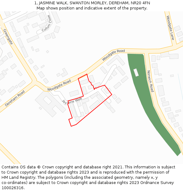 1, JASMINE WALK, SWANTON MORLEY, DEREHAM, NR20 4FN: Location map and indicative extent of plot