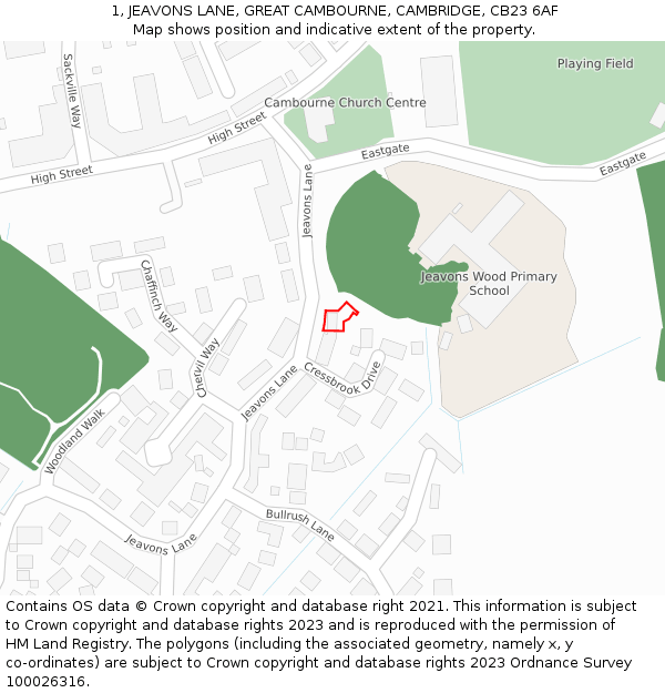 1, JEAVONS LANE, GREAT CAMBOURNE, CAMBRIDGE, CB23 6AF: Location map and indicative extent of plot