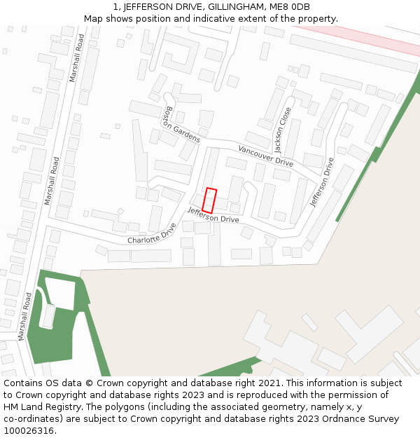 1, JEFFERSON DRIVE, GILLINGHAM, ME8 0DB: Location map and indicative extent of plot