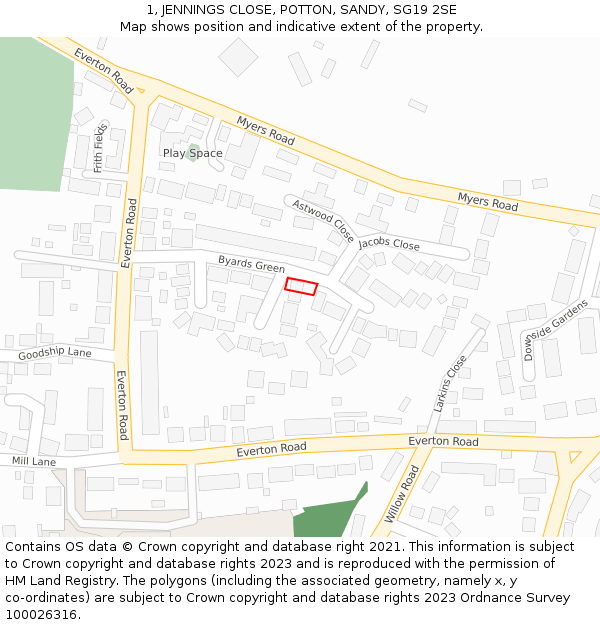 1, JENNINGS CLOSE, POTTON, SANDY, SG19 2SE: Location map and indicative extent of plot