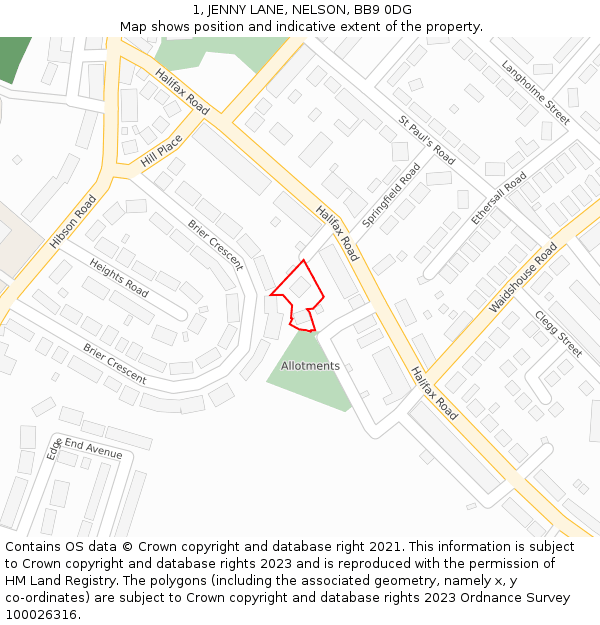 1, JENNY LANE, NELSON, BB9 0DG: Location map and indicative extent of plot