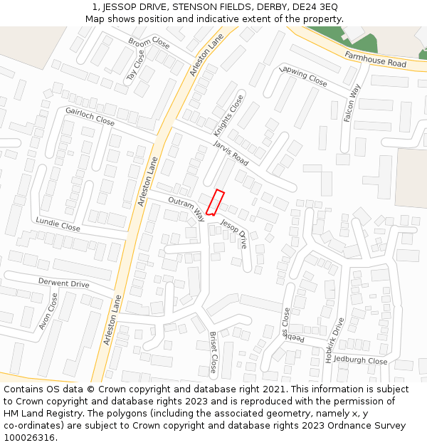 1, JESSOP DRIVE, STENSON FIELDS, DERBY, DE24 3EQ: Location map and indicative extent of plot