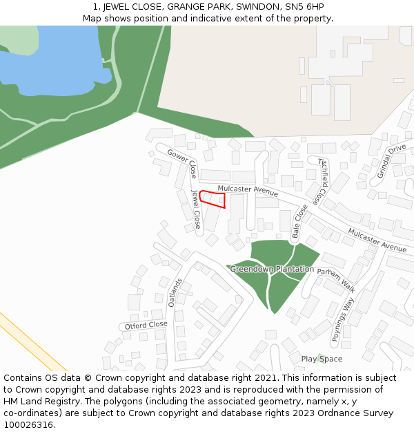 1, JEWEL CLOSE, GRANGE PARK, SWINDON, SN5 6HP: Location map and indicative extent of plot