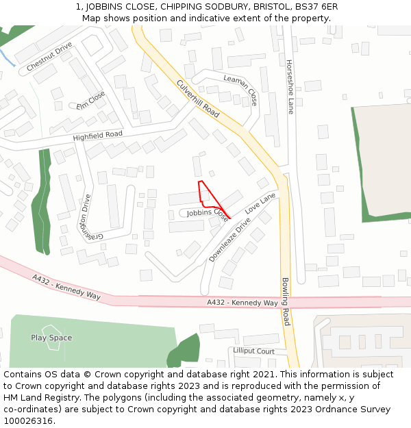1, JOBBINS CLOSE, CHIPPING SODBURY, BRISTOL, BS37 6ER: Location map and indicative extent of plot