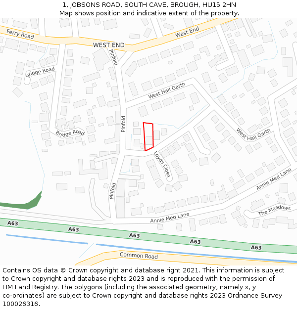 1, JOBSONS ROAD, SOUTH CAVE, BROUGH, HU15 2HN: Location map and indicative extent of plot