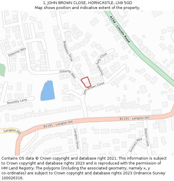 1, JOHN BROWN CLOSE, HORNCASTLE, LN9 5GD: Location map and indicative extent of plot