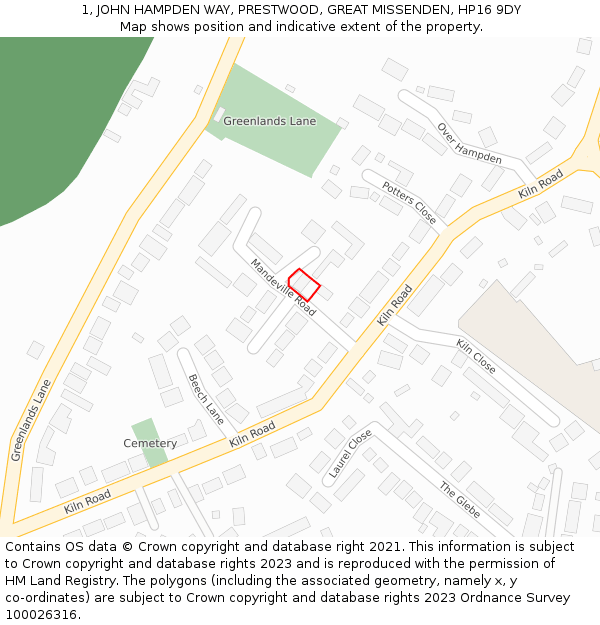 1, JOHN HAMPDEN WAY, PRESTWOOD, GREAT MISSENDEN, HP16 9DY: Location map and indicative extent of plot