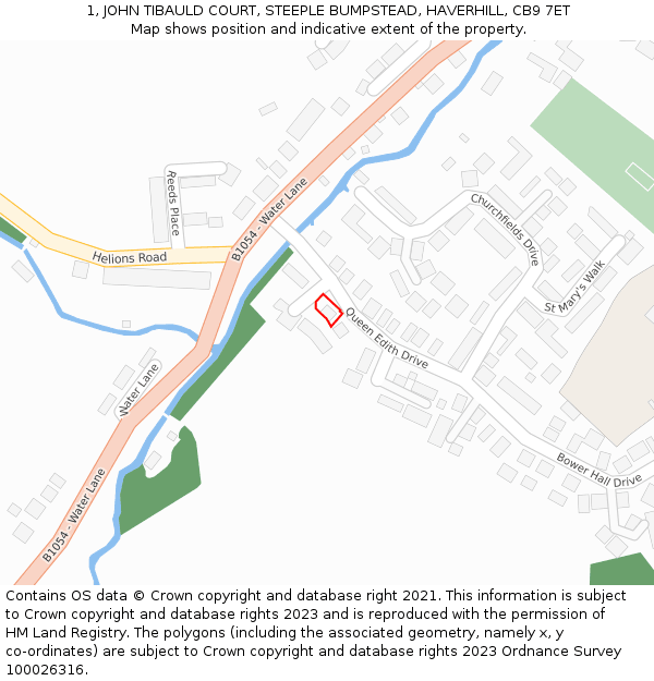 1, JOHN TIBAULD COURT, STEEPLE BUMPSTEAD, HAVERHILL, CB9 7ET: Location map and indicative extent of plot