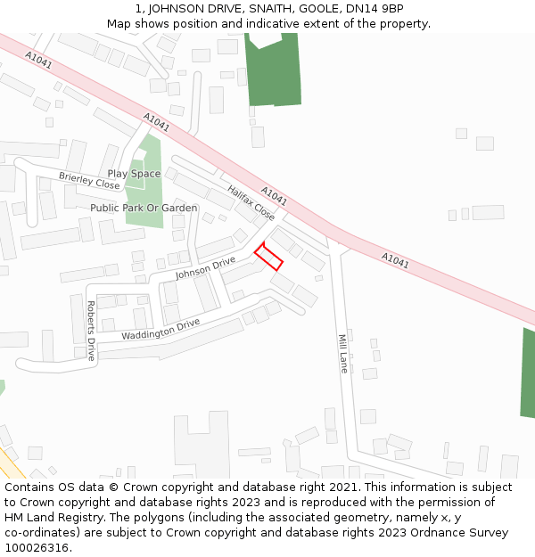 1, JOHNSON DRIVE, SNAITH, GOOLE, DN14 9BP: Location map and indicative extent of plot