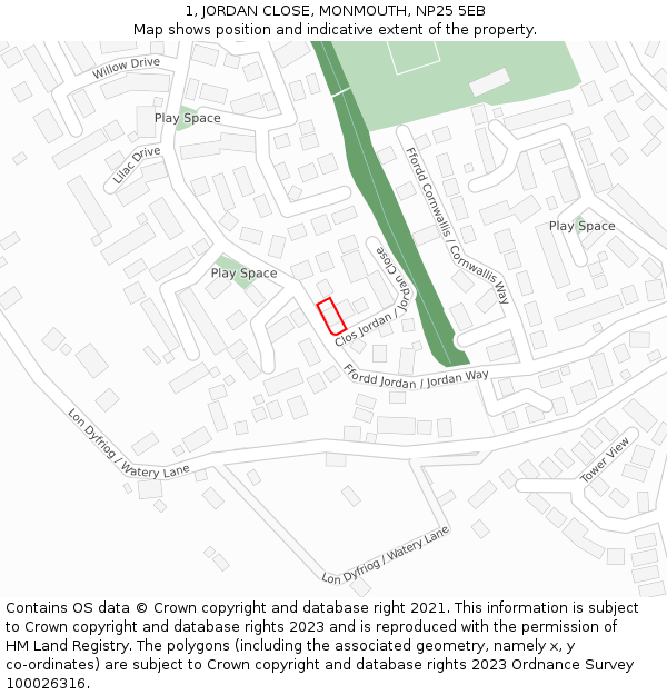 1, JORDAN CLOSE, MONMOUTH, NP25 5EB: Location map and indicative extent of plot