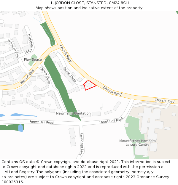 1, JORDON CLOSE, STANSTED, CM24 8SH: Location map and indicative extent of plot