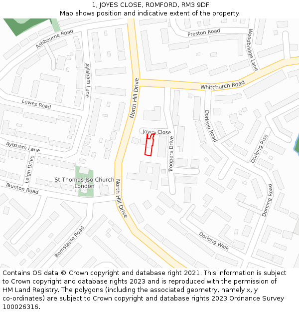 1, JOYES CLOSE, ROMFORD, RM3 9DF: Location map and indicative extent of plot