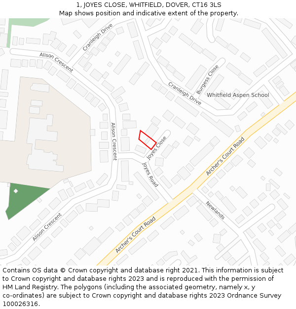 1, JOYES CLOSE, WHITFIELD, DOVER, CT16 3LS: Location map and indicative extent of plot