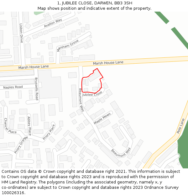 1, JUBILEE CLOSE, DARWEN, BB3 3SH: Location map and indicative extent of plot